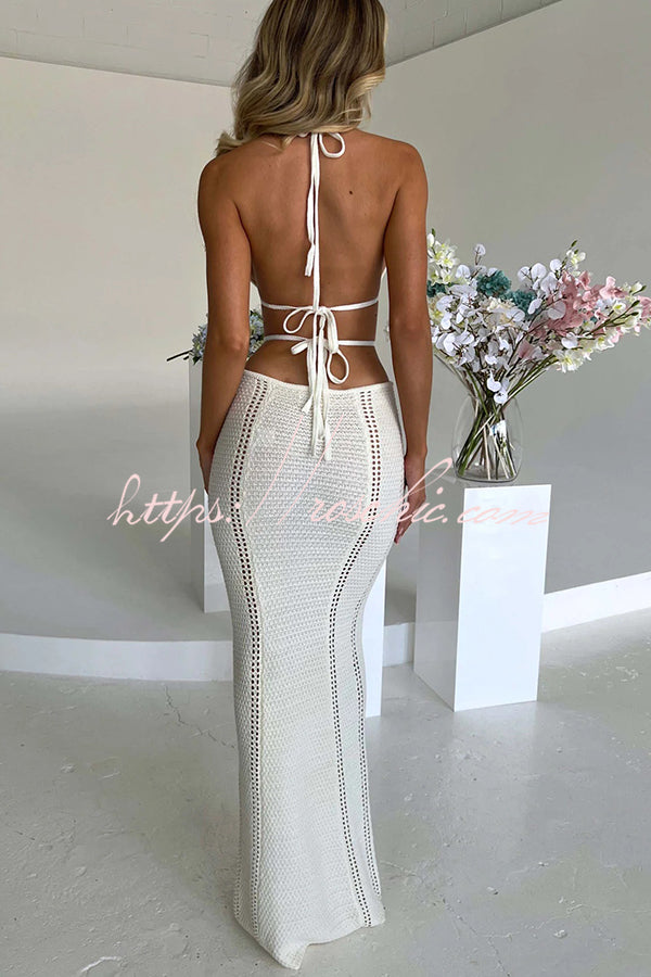 Effortlessly Cool and Knit Crochet Cutout Halter Tie-up Stretch Maxi Dress
