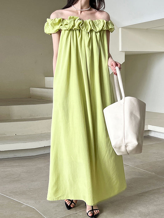 Loose Sleeveless Elasticity Pleated Color Split-joint Off-the-shoulder Maxi Dresses