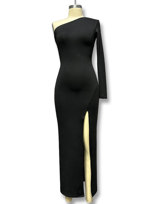 Bodycon High Waisted Asymmetric Color Split-side One-shoulder Maxi Dresses