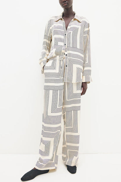 Unique Print Lapel Long Sleeve Loose Shirt and Elastic Waist Pocket Wide Leg Pants Set