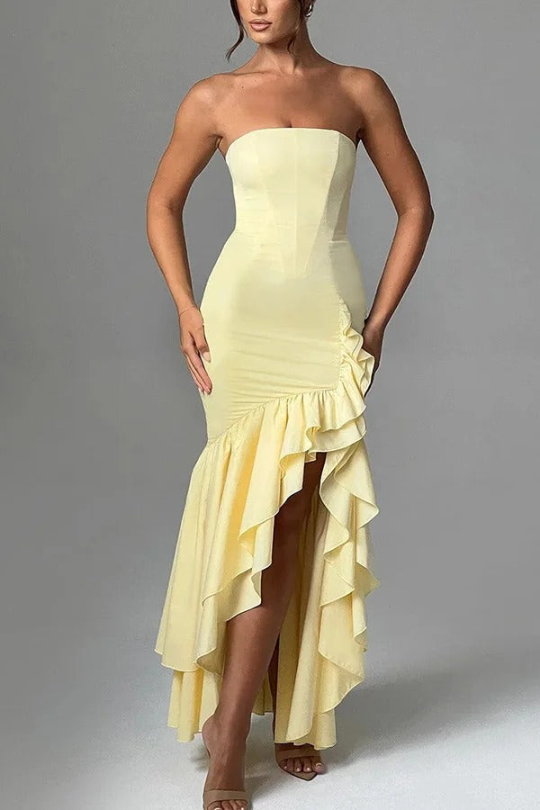 Off-shoulder Slim Fit Irregular Hem Maxi Dress