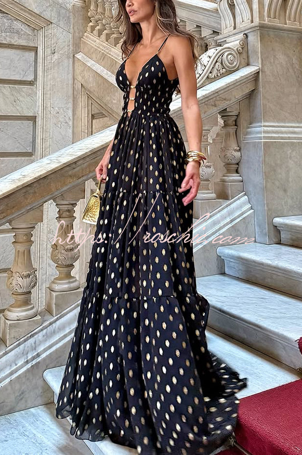 Charming View Chiffon Gold Polka Dot Print Cutout Lightweight Maxi Dress