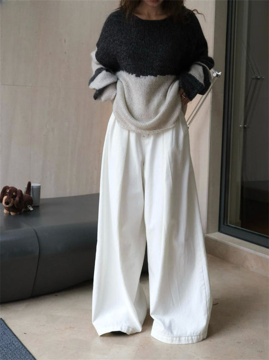 Autumn Commuter Wide White Loose Leisure Cotton Denim Pants