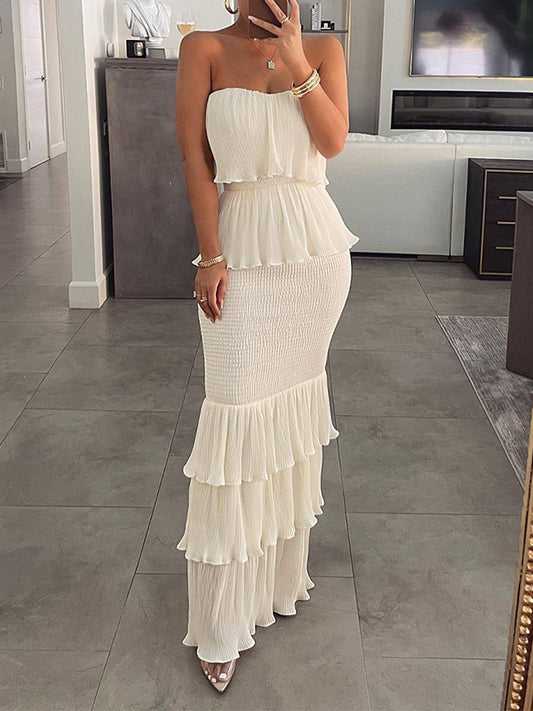 Bodycon Sleeveless Elasticity Pleated Split-joint Tube Maxi Dresses