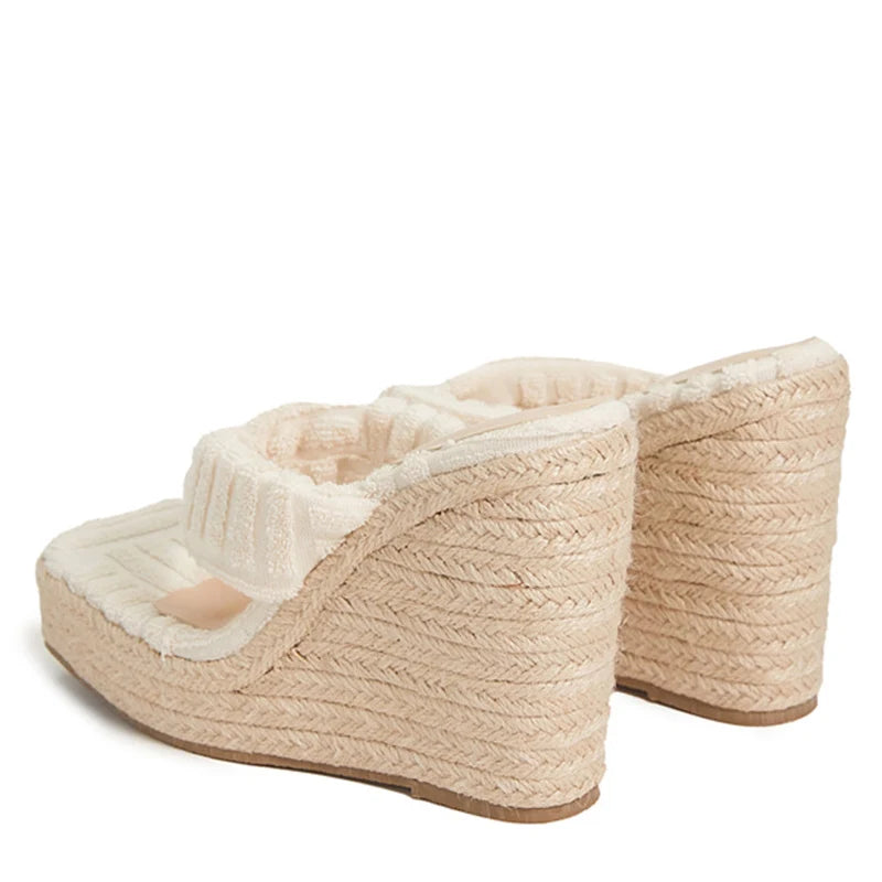 Liyke Green Corduroy Narrow Band 13.5cm Wedges Heels Slippers – Stylish Open Toe Platform Sandals for ’s Summer Dress Shoes