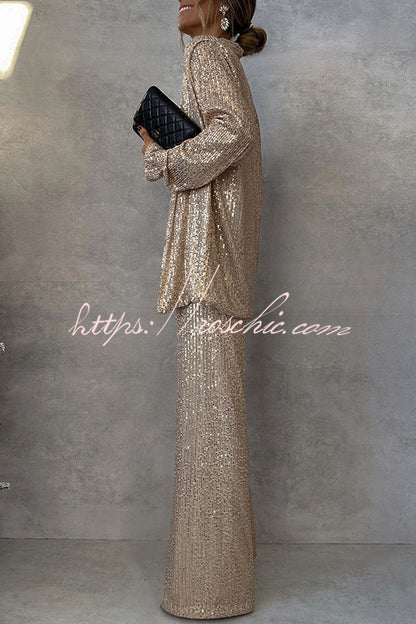 Party Scene Sequin High Rise Elastic Waist Wide Leg Pants