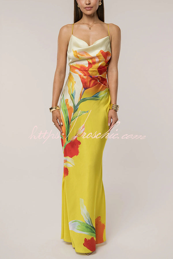 Luisa Satin Print Cowl Neck Open Back Tie-up Maxi Dress