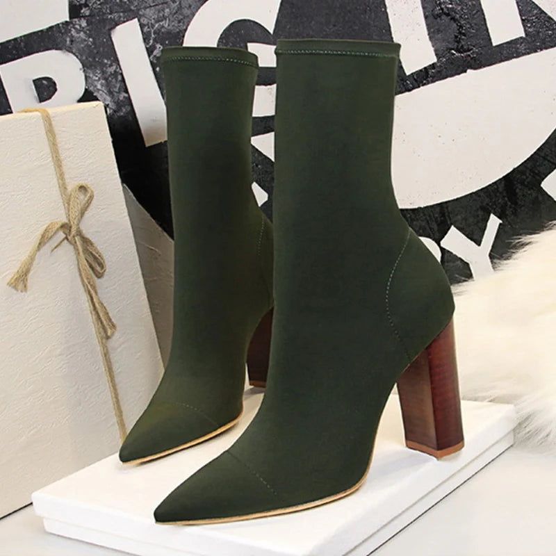 Size 42 43 Ankle Boots Square High Heels Pumps Fall Comfort Stretch Fabric Sock Boot Femme Party Dress Shoes