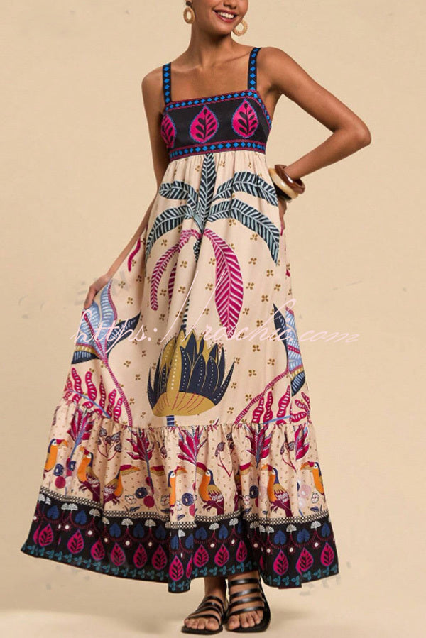 Tropical Print Backless Resort Maxi Dress