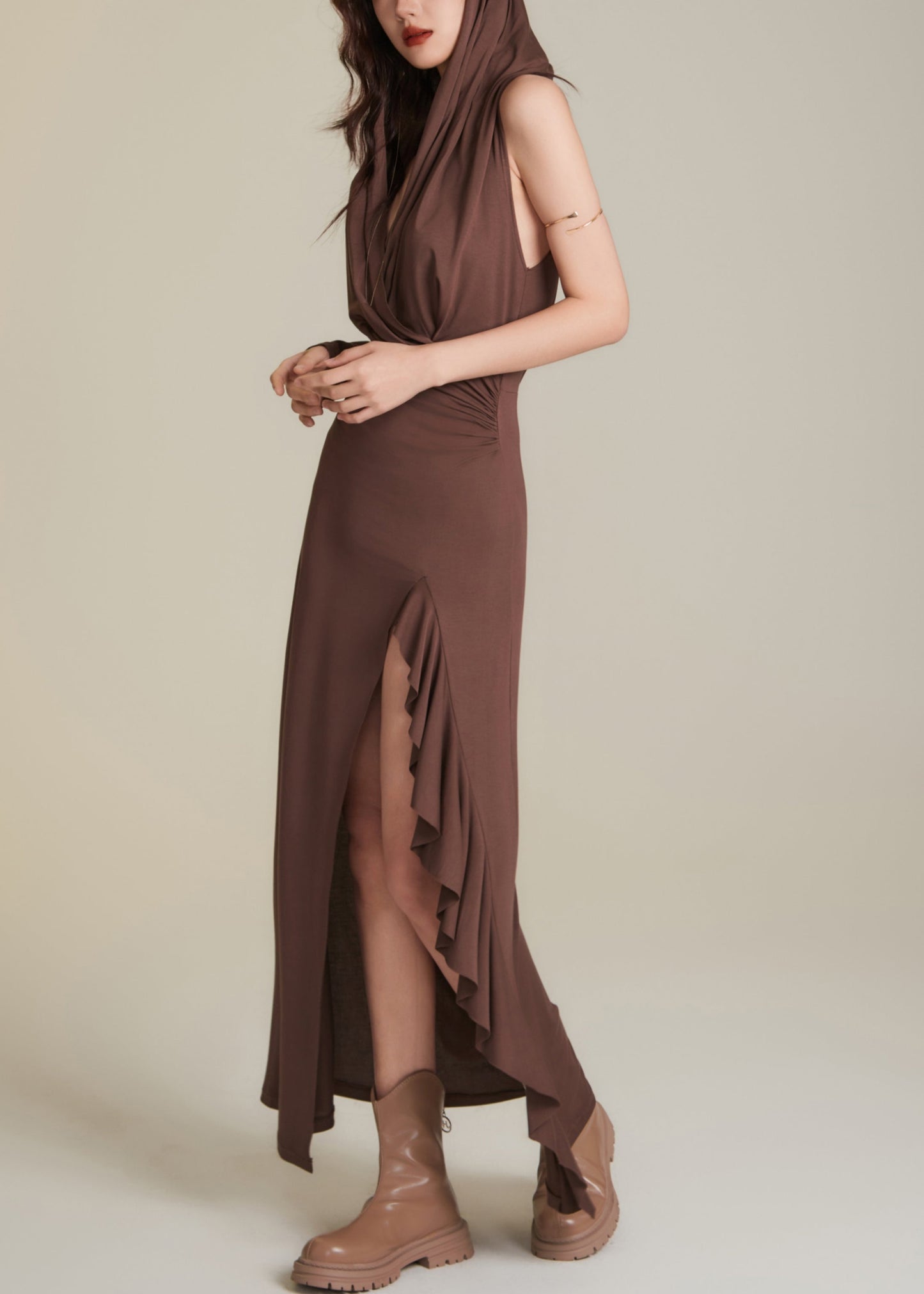 Chocolate Wrinkled Patchwork Holiday Hoode Long Dress Sleeveless Aj1015