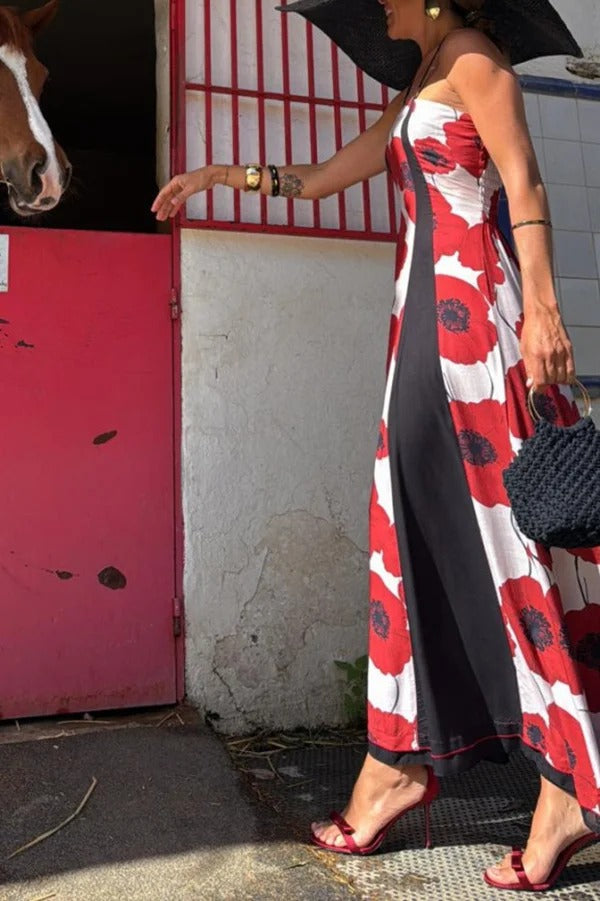 Print Suspenders Paneled Back Pleated Maxi Dress