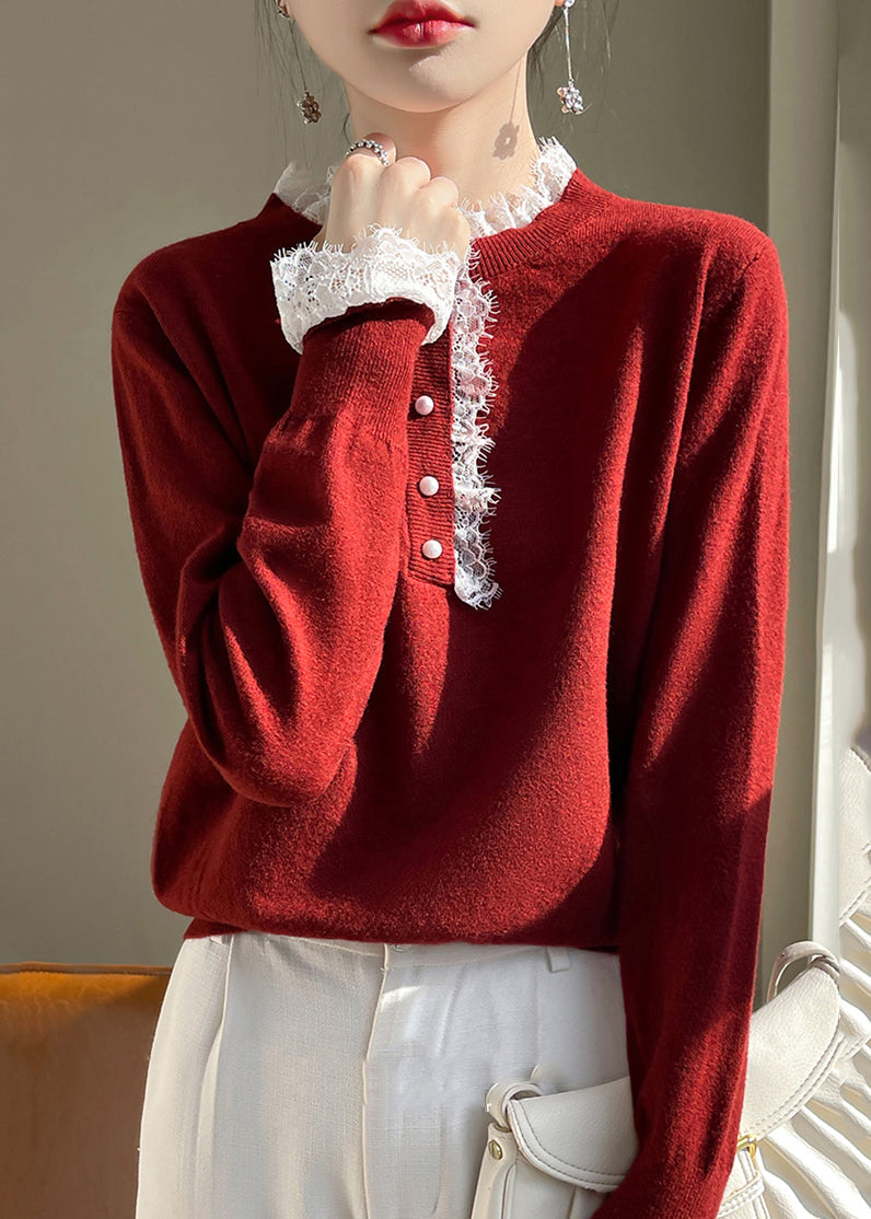 Red Lace Patchwork Wool Knit Sweaters Fall Qp065