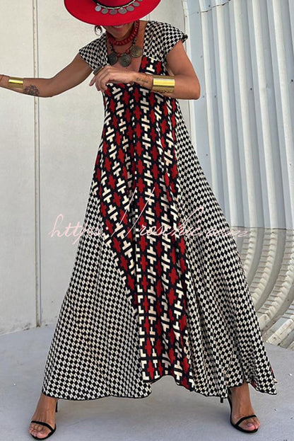 Fresh Breeze Unique Print Ruffle Sleeve A-line Maxi Dress
