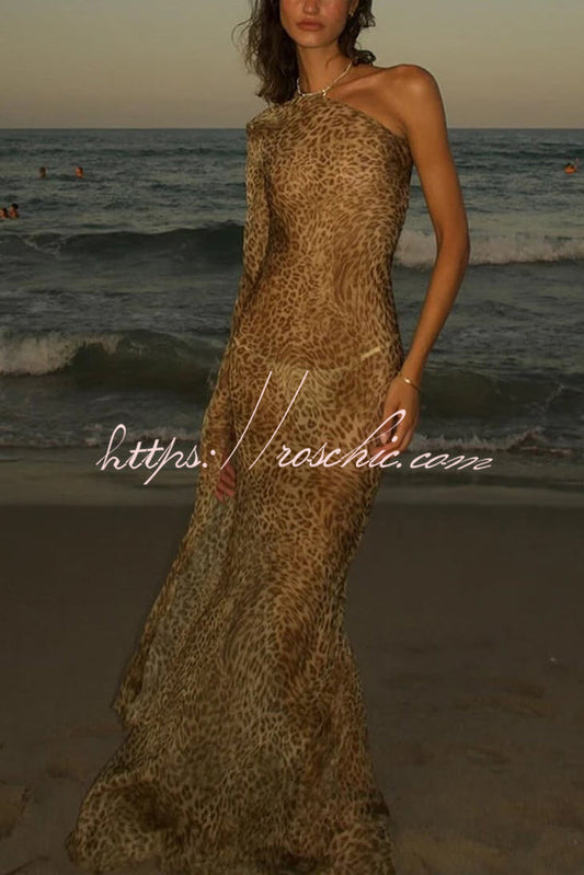 Leopard Print One Sleeve See-through Fit Maxi Dress