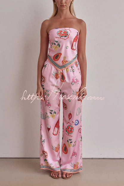 Linen Blend Unique Printed Bandeau Top and Elastic Waist Pocket Pants Set