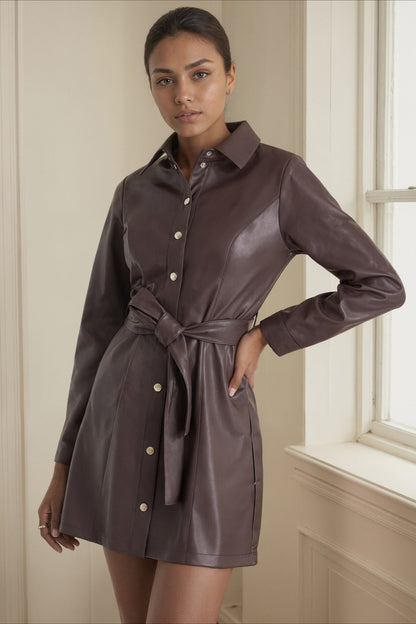 Faux Leather Belted Mid-length Long Sleeve Trench Coat