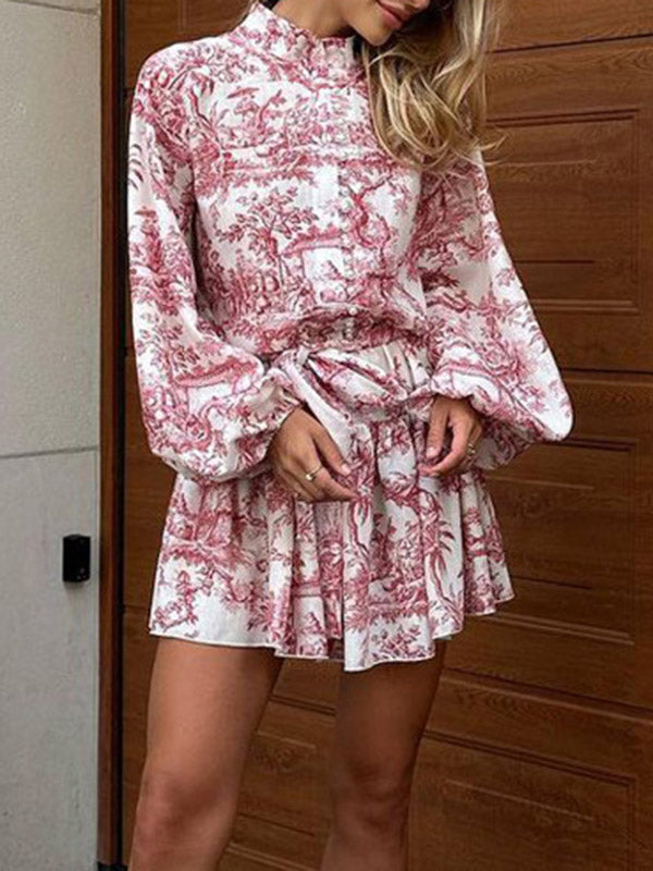 Loose Puff Sleeves Pleated Printed Split-joint Tied Waist Stand Collar Mini Dresses