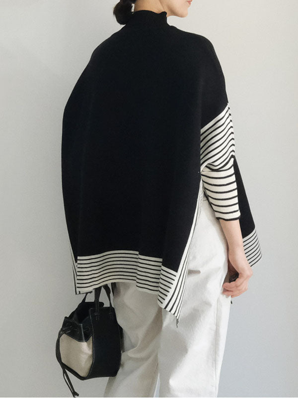 Design Loose High Neck Split-side Striped Batwing Sleeve Sweater Qx010