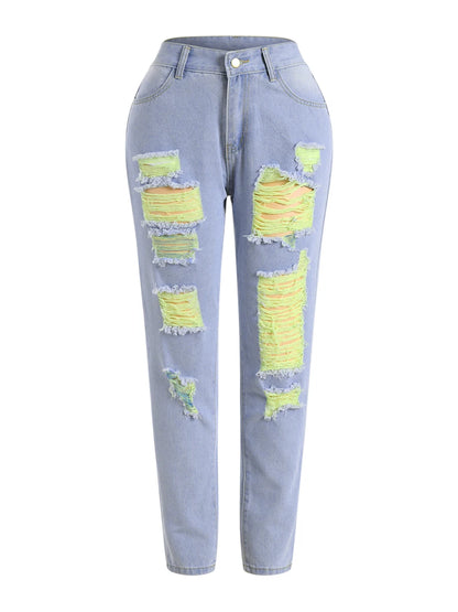 Raw Edge Ripped Jeans Distressed Skinny Waist Denim Pants Shredded Trousers Slim Jeans