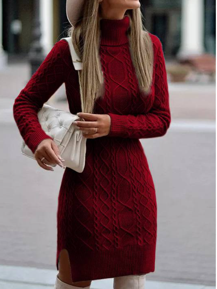Turtleneck Sweater Color Slit Knitted Sweater Dress