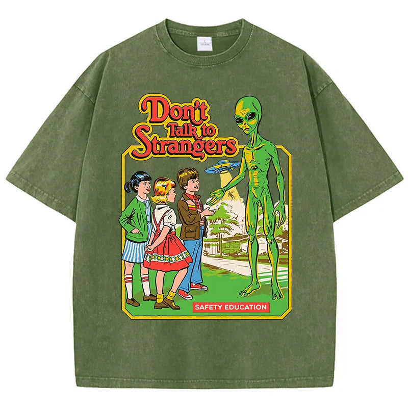 Cartoon Alien Classic Communication Print T-shirt Breathable Cotton Short Sleeve Washed Worn Out Female T Shirts
