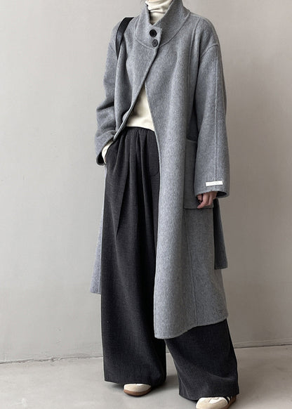 Italian Grey Stand Collar Pockets Tie Waist Woolen Coat Fall Af1099