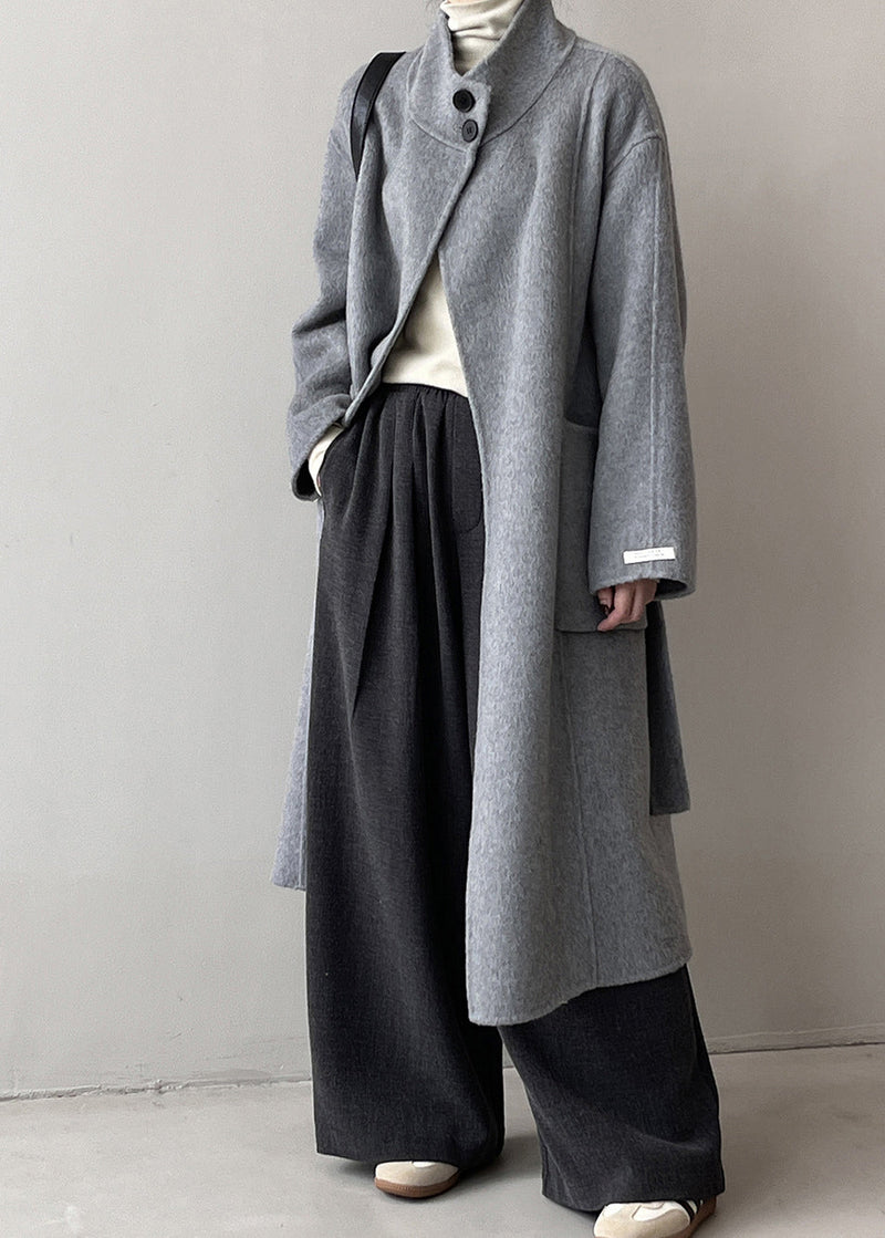Italian Grey Stand Collar Pockets Tie Waist Woolen Coat Fall Af1099