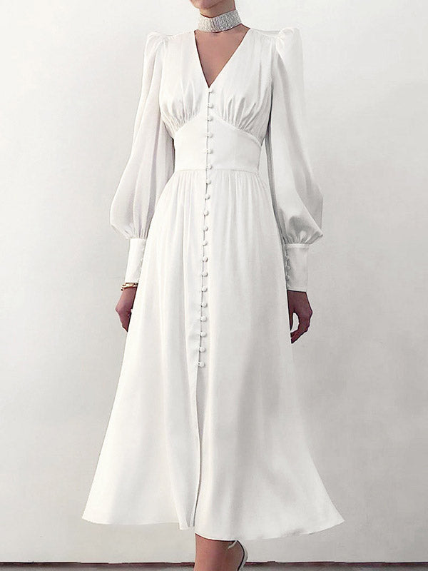 A-line High Waisted Buttoned Pleated Color V-neck Midi Dresses