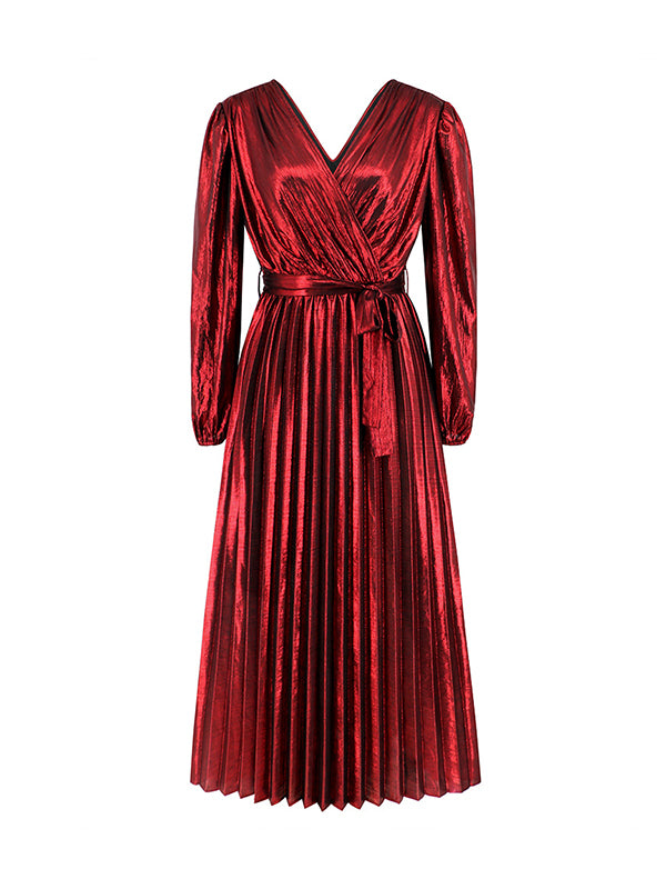 High Waisted Long Sleeves Bronzing Elasticity Pleated Color Tied Waist Deep V-neck Maxi Dresses