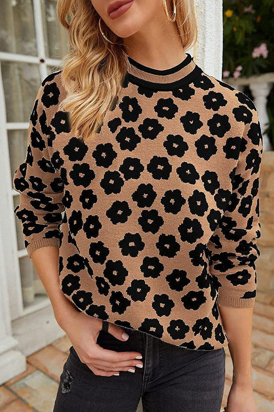 Mock Neck Print Knitted Sweater Color Block Light Weight Sweater