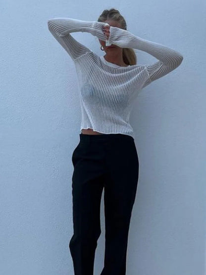 White Striped See Through Tops Outfits Long Sleeve T-shirts Tees Skinny Club Party Clothes