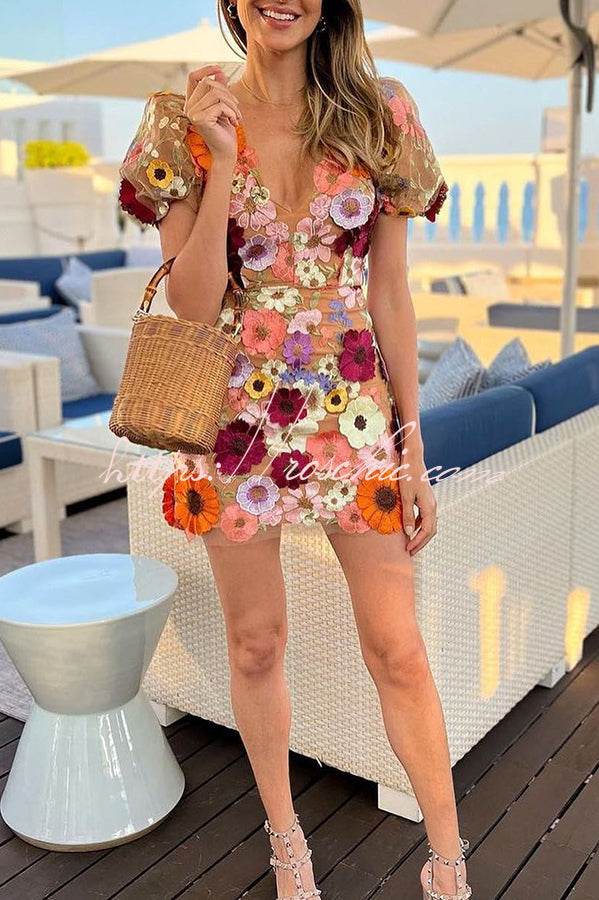 Garden Gala Embroidered Applique Puff Sleeve Mini Dress