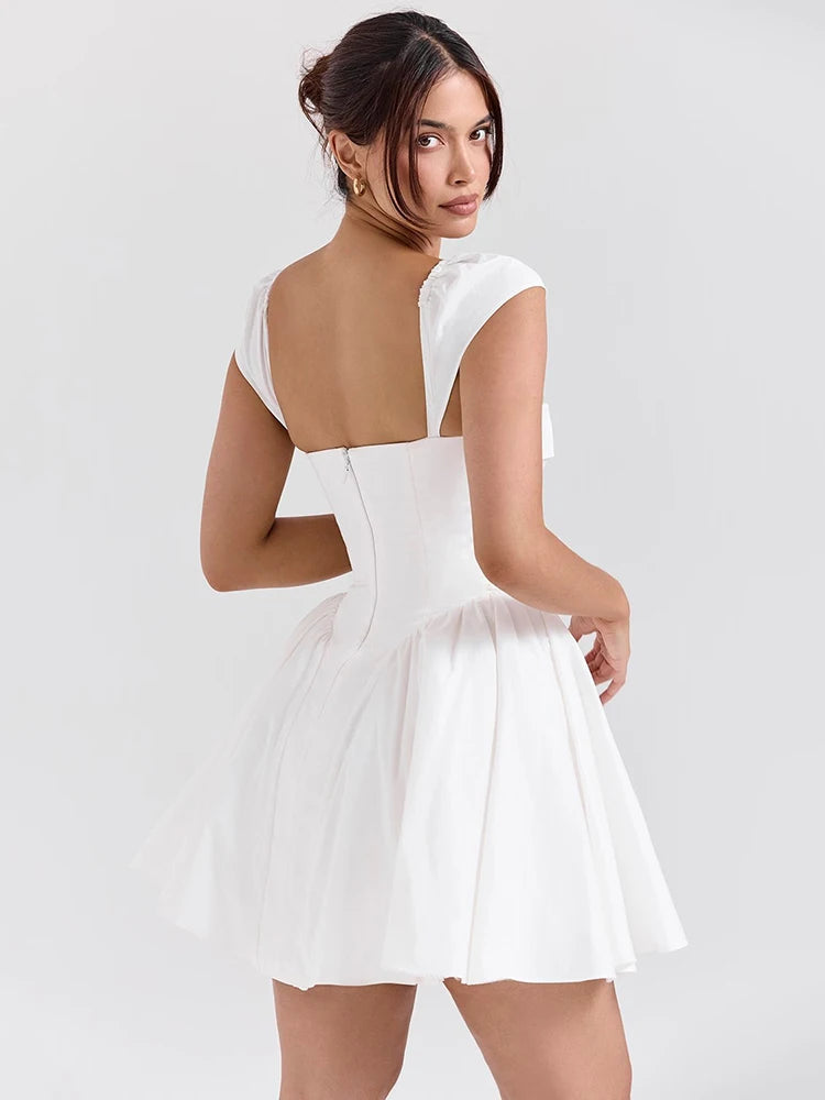 White Backless Mini Dress for Square Collar Short Sleeve High Waist A-line Club Party Dress