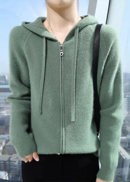 Beige Hooded Zippered Cotton Knit Coat Fall Qx027