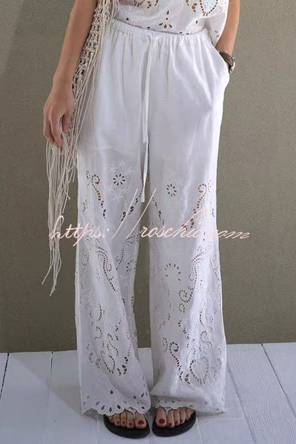 Linen Blend Color Embroidered Hollow Loose Vest and Elastic Waist Pocket Wide Leg Pants Set