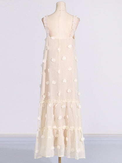 A-line High Waisted Layered Pleated Split-joint Three-dimensional Flower Spaghetti-neck Maxi Dresses