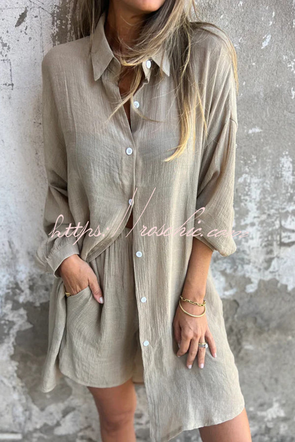 Color Lapel Long Shirt and Elastic Waist Loose Pocket Shorts Set