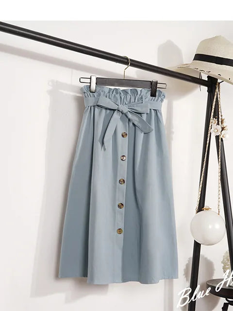 Summer Autumn Skirts Midi Knee Length Korean Button High Waist Skirt Female Pleated School Skirt