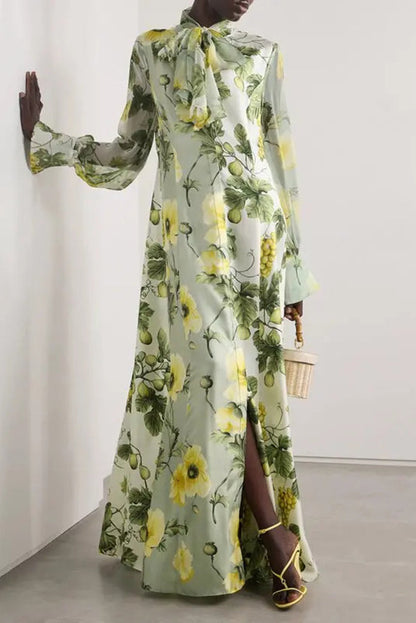 Print Tie Neck Balloon Sleeves Maxi Dress