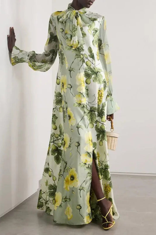 Print Tie Neck Balloon Sleeves Maxi Dress