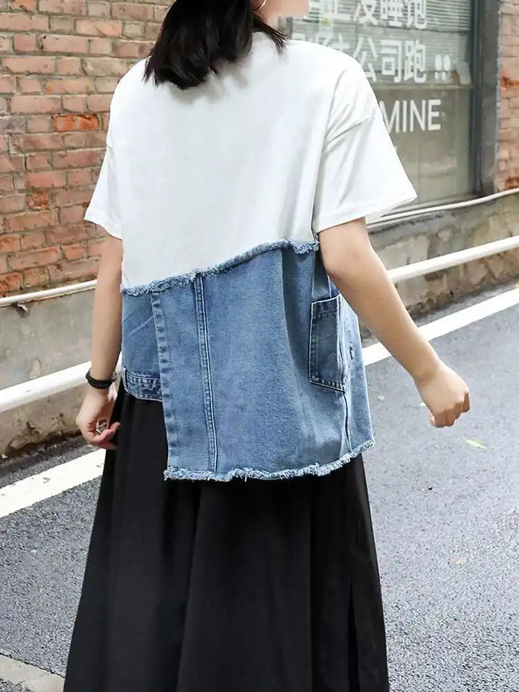 Denim Street Patchwork Sleeve White Short T-shirt O-neck Hem