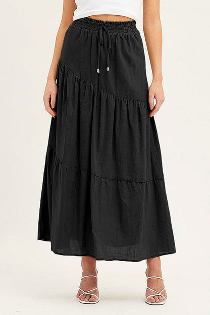 Color Cotton and Linen Elastic Waist Pleated Skirt