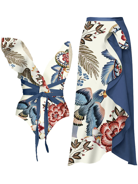 V Neck Ruffle Print Swimsuit and Skirt