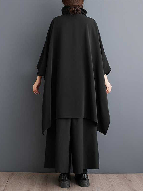 Simple Loose Black Mock Neck With Zipper Buttoned Pockets Batwing Sleeves Sweatshirt Ws016