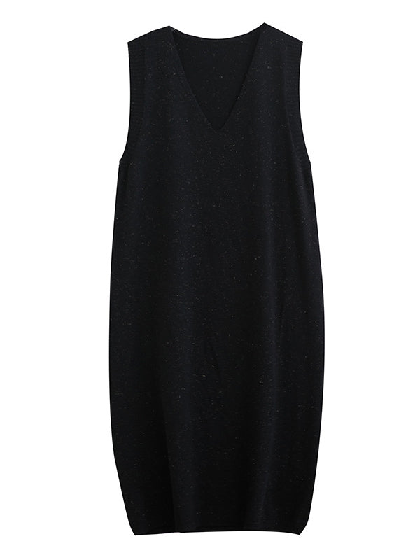 Color Knitting V-neck Sleeveless Sweater Dress