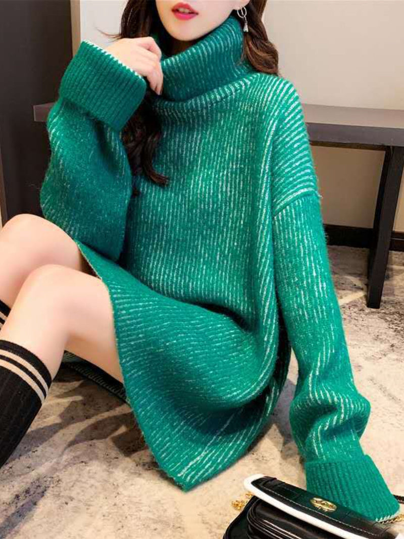 Design Loose Blue Contrast Color High-neck Long Sleeve Sweater An1054