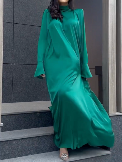 Flared Sleeves Long Sleeves Color High-neck Maxi Dresses