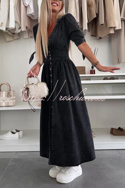 Color V-neck Button-down Denim Midi Dress