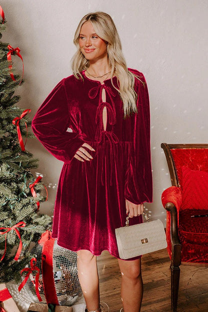 Velvet Loose Cutout Tie Waist Mini Dresses