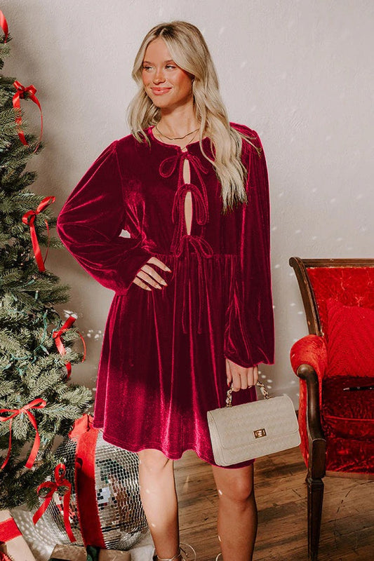 Velvet Loose Cutout Tie Waist Mini Dresses